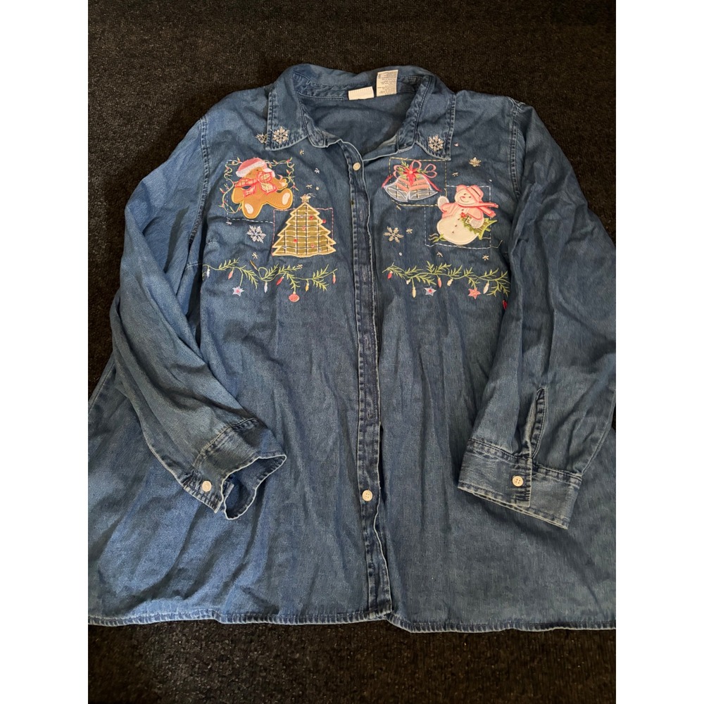 White Stag Plus Womens 26W 28W Christmas Denim Button Down‎ Shirt Embroidered